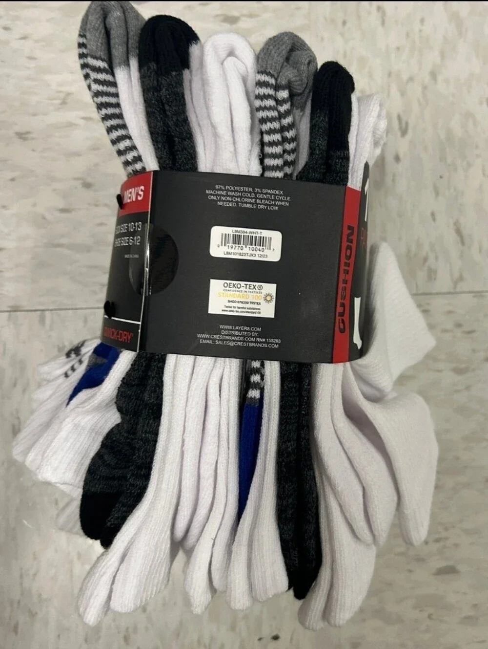 Layer 8 Men’s Cushion Crew Socks - White with Gray & Black Accents (12 Pairs)